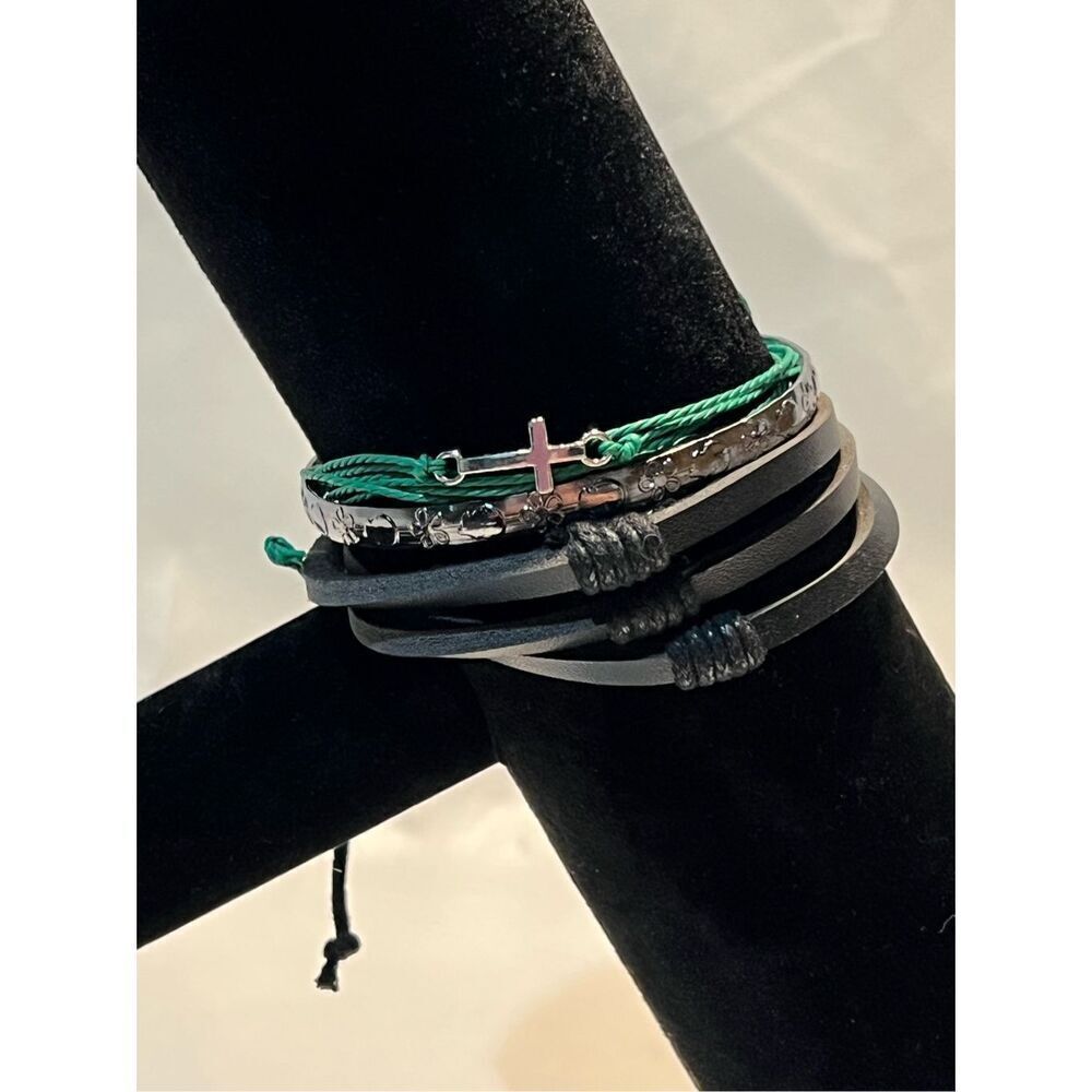 Three Stackable Bracelets One Black Leather Adjustable, One Green String Adjusta